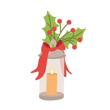Lantern with burning candle decorated with leaves of holly and berries. Vector illustration isolated on white. Great for Christmas cards.のイラスト素材