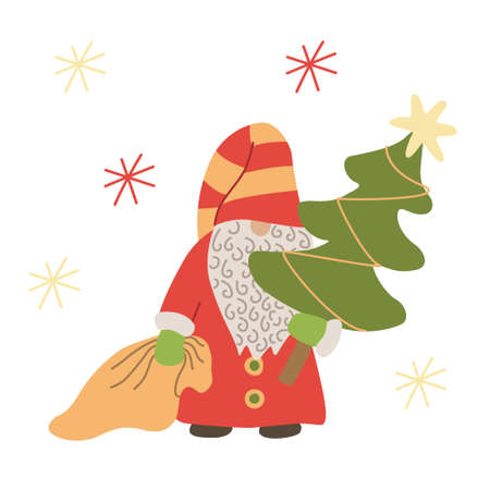 Gnome with a Christmas tree. Vector illustration isolated on white. Red, yellow and green colors.  Great for Christmas cards.のイラスト素材