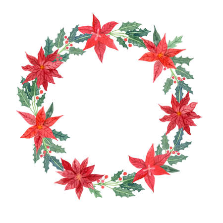Watercolor wreath with poinsettia flowers and leaves of holly with berries. Christmas plants hand painted illustration.の写真素材