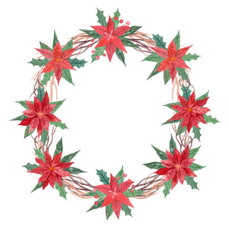 Watercolor wreath with poinsettia flowers, intertwined tree branches and leaves of holly with berries. Christmas plants hand painted illustration.の写真素材