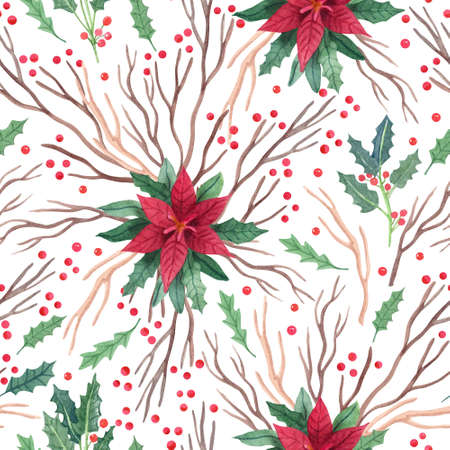 Watercolor seamless pattern with poinsettia flowers, tree branches and leaves of holly with berries on white. Christmas plants hand painted illustration. Great for xmas wrapping papers, fabrics.の写真素材