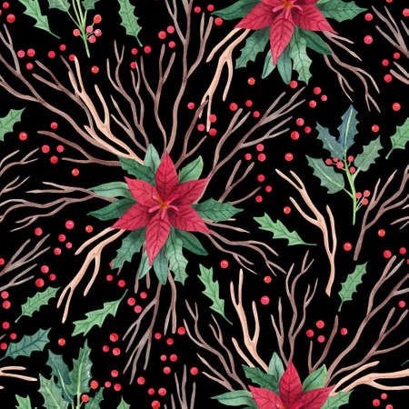 Watercolor seamless pattern with poinsettia flowers,  tree branches and leaves of holly with berries on black. Christmas plants hand painted illustration. Great for xmas wrapping papers, fabrics.の写真素材
