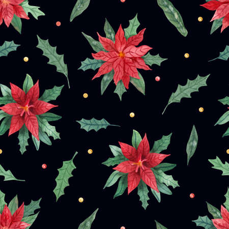 Watercolor seamless pattern with poinsettia flowers and leaves of holly on black. Christmas plants hand painted illustration. Great for xmas wrapping papers, fabrics. Red and green colors.の写真素材