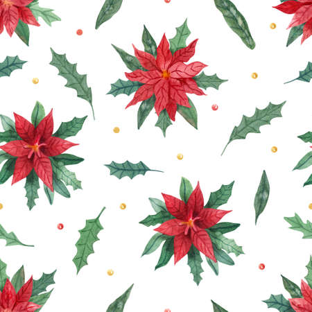 Watercolor seamless pattern with poinsettia flowers and leaves of holly on white. Christmas plants hand painted illustration. Great for xmas wrapping papers, fabrics. Red and green colors.の写真素材