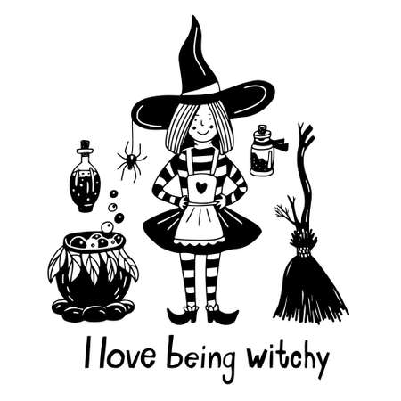 Little cute witch with broom and cauldron. Hand drawn vector illustration and lettering. Halloween greeting card. I love being witchy.のイラスト素材