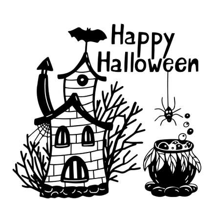 Happy Halloween greeting card with scary house surrounded by bare trees and witch cauldron. Vector hand drawn  illustration and lettering, black color.のイラスト素材