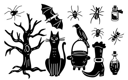 Hand drawn set with a black cat, scary tree, crow on a witch cauldron and spiders. Halloween decorations. Vector illustration are perfect for party decoration, creating greeting card, posters.のイラスト素材