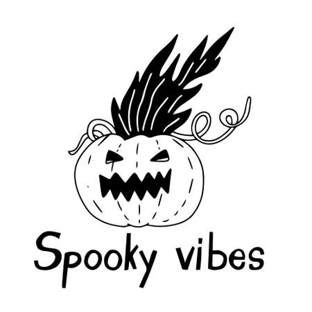 Spooky vibes hand drawn lettering and vector illustration of a burning Jack O lantern. Black color. Great Halloween card.のイラスト素材