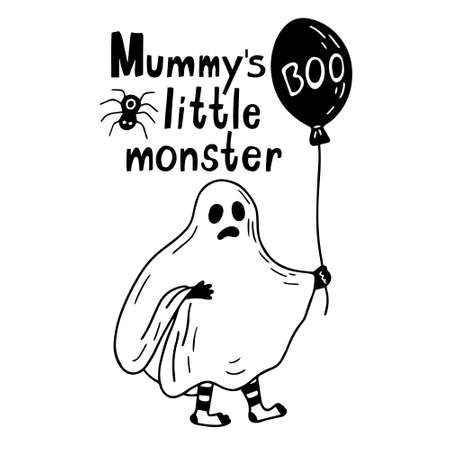 Mummy's little monster hand drawn lettering and vector  illustration of a boy wearing ghost costume and balloon with boo word. Black color.  Great Halloween card.のイラスト素材