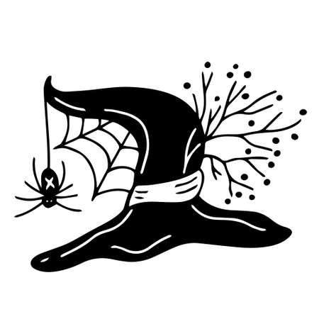 Witch hat decorated with tree branches and spider wed. Vector hand drawn illustration, black color. Great for Halloween design.のイラスト素材