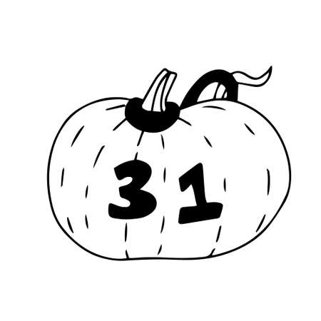 Vector illustration of a pumpkin with number 31. Hand drawn lettering, black color. Great for Halloween design.のイラスト素材
