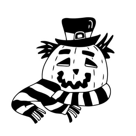 Vector hand drawn illustration of a Jack O lantern with a hat and striped scarf. Black color. Great for Halloween design.のイラスト素材