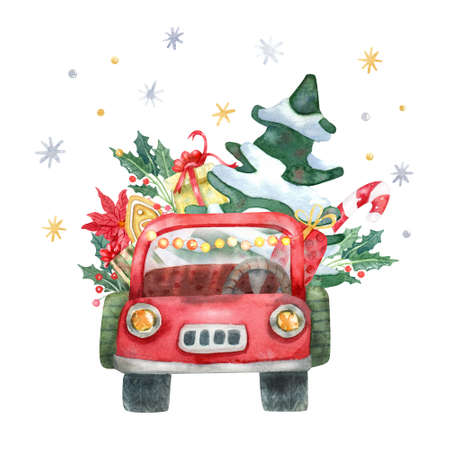 Pickup truck with Christmas tree, gift boxes, sweets and poinsettia flowers. Watercolor hand painted illustration isolated on white. Red and green colors. Great for Xmas cards.の写真素材