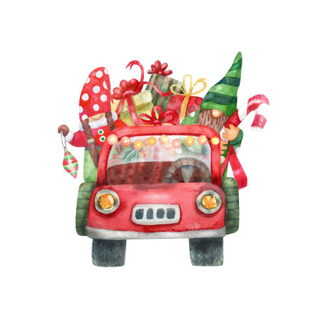 Funny gnomes with Christmas truck and gift boxes. Watercolor hand painted illustration isolated on white. Red and green colors. Great for Xmas cards.の写真素材