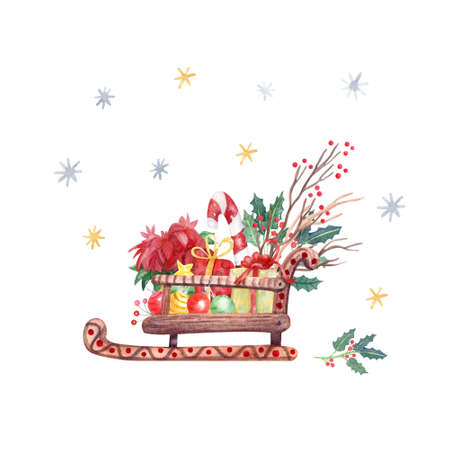 Santa's sleigh with gift boxes, poinsettia flowers and Christmas baubles. Watercolor hand painted illustration. Xmas  card design.の写真素材