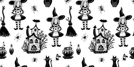 Seamless pattern with scary houses, cute witches, brooms, black cats and cauldrons on white background. Halloween vector hand drawn illustration.のイラスト素材