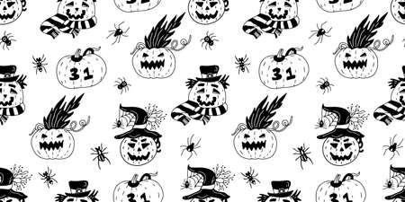 Seamless pattern with Jack o lanterns and spiders on white background. Halloween vector hand drawn illustration. Black colorのイラスト素材