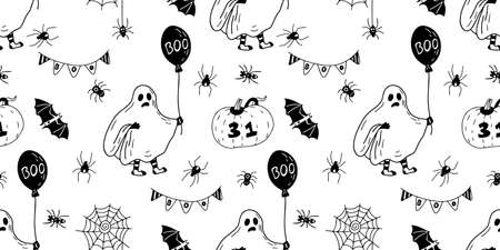 Seamless pattern with kid wearing ghost costume, balloons, bats and garlands on white background. Halloween vector hand drawn illustration.のイラスト素材
