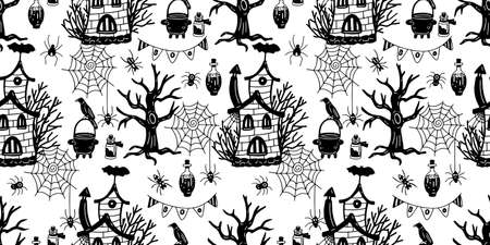 Seamless pattern with scary houses, spider webs, witch cauldrons on white background. Halloween black vector hand drawn illustration.のイラスト素材