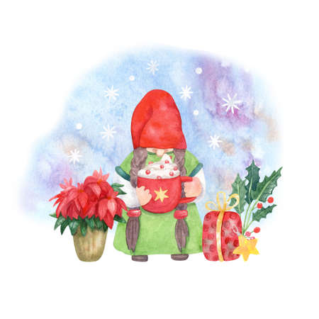 Cute girl gnome decorating with red cup of cappuccino and Christmas presents. Hand painted watercolor illustration. Great for greeting cards. Xmas design.の写真素材