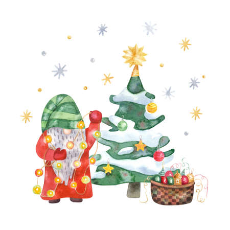 Gnome decorating Christmas tree with garland. Hand painted watercolor illustration. Great for greeting cards.  Xmas design.の写真素材