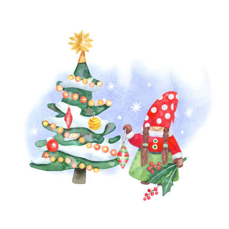 Cute girl gnome decorating Christmas tree. Hand painted watercolor illustration. Great for greeting cards.  Xmas design. Blue background.の写真素材