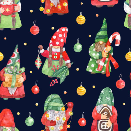 Seamless pattern with Christmas gnomes and decorations on navy blue background. Hand painted watercolor illustration. Great for fabrics, wrapping paper, greeting cards.の写真素材