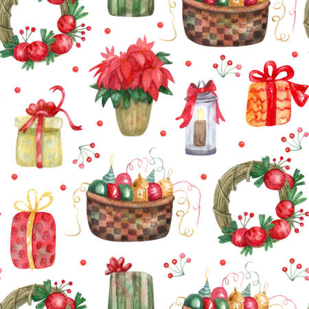 Seamless pattern with Christmas decorations on white background. Hand painted watercolor illustration. Great for fabrics, wrapping paper, greeting cards.の写真素材