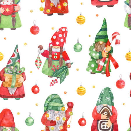 Seamless pattern with Christmas gnomes and decorations on white background.  Hand painted watercolor illustration. Great for fabrics, wrapping paper, greeting cards.の写真素材