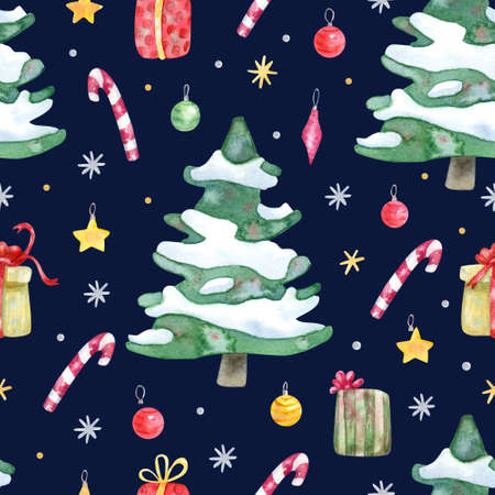 Seamless pattern with Christmas tree and decorations on navy blue background. Hand painted watercolor illustration. Great for fabrics, wrapping paper, greeting cards.の写真素材