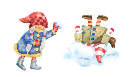 Gnomes playing snowballs. Winter fun, sport and recreation. Watercolor hand painted illustration isolated on white. Red, blue and yellow colors. Funny characters.の写真素材