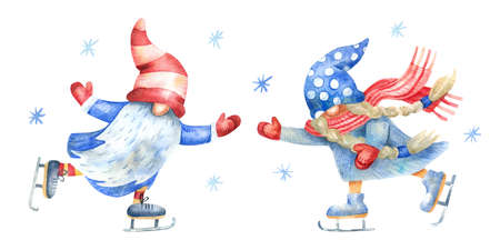 Gnomes skating. Winter fun, sport and recreation. Watercolor hand painted illustration isolated on white. Red and blue colors. Funny characters.の写真素材