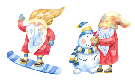 Gnomes snowboarding and making a snowman. Winter fun, sport and recreation. Watercolor hand painted illustration isolated on white. Red, blue and yellow colors. Funny characters.の写真素材