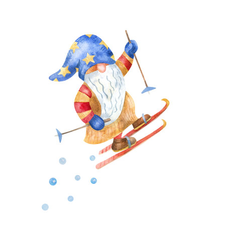 Gnome skiing. Funny character. Winter fun, sport and recreation. Watercolor hand painted illustration isolated on white. Red, blue and yellow colors.の写真素材