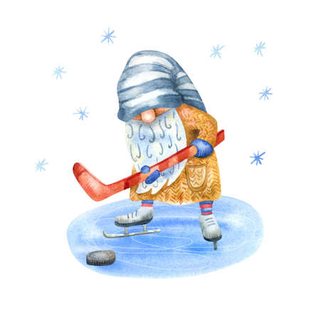 Gnome playing hockey. Funny character. Winter fun, sport and recreation. Watercolor hand painted illustration isolated on white. Red, blue and yellow colors.の写真素材