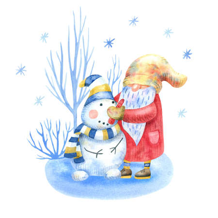 Gnome making a snowman. Funny character. Winter landscape, fun, sport and recreation. Watercolor hand painted illustration isolated on white. Red, blue and yellow colors.の写真素材