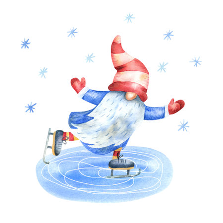 Gnome skating on an ice ring. Funny character. Winter fun, sport and recreation. Watercolor hand painted illustration isolated on white. Red, and blue colors.の写真素材
