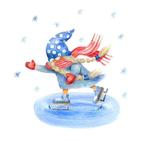 Cute girl gnome skating. Funny character. Winter fun, sport and recreation. Watercolor hand painted illustration isolated on white. Blue and red colors.の写真素材