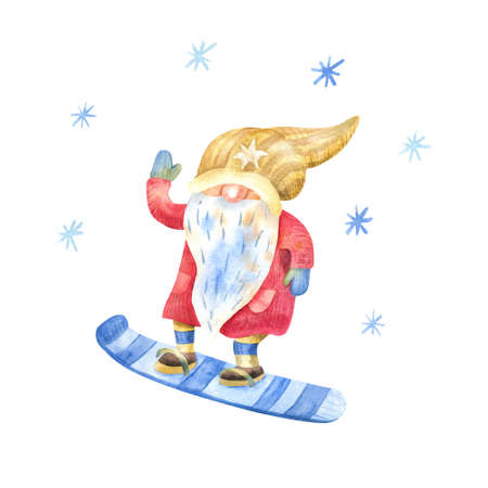 Gnome snowboarding. Winter fun, sport and recreation. Funny character. Watercolor hand painted illustration isolated on white. Red, blue and yellow colors.の写真素材