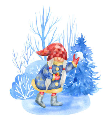 Girl gnome playing snowball in the snow forest. Winter landscape, fun, sport and recreation. Watercolor hand painted illustration isolated on white. Red and blue colors. Funny characters.の写真素材