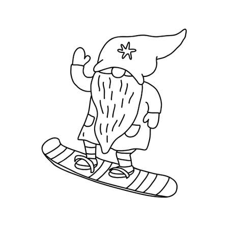 Gnome snowboarding. Doodle hand drawn vector illustration isolated on white. Great for coloring books.のイラスト素材