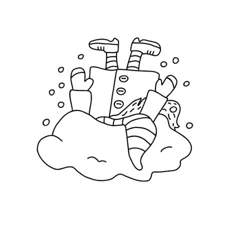 Gnome sticking out of a snowdrift. Funny character. Doodle hand drawn vector illustration isolated on white. Great for coloring books.のイラスト素材