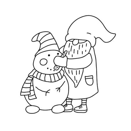 Gnome making a snowman. Doodle hand drawn vector illustration isolated on white. Great for coloring books.のイラスト素材