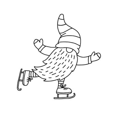 Gnome skating. Funny character. Doodle hand drawn vector illustration isolated on white. Great for coloring books.のイラスト素材