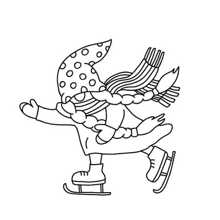 Cute girl gnome skating. Doodle hand drawn vector illustration isolated on white. Great for coloring books.のイラスト素材