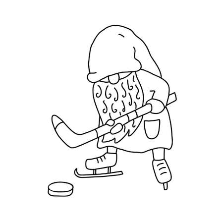 Gnome playing hockey. Doodle hand drawn vector illustration isolated on white. Great for coloring books.のイラスト素材