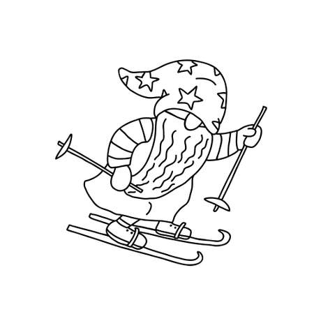 Gnome skiing. Doodle hand drawn vector illustration isolated on white. Great for coloring books.のイラスト素材