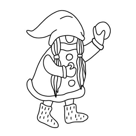 Girl gnome playing snowball. Funny character. Doodle hand drawn vector illustration isolated on white. Great for coloring books.のイラスト素材