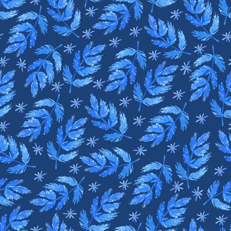 Seamless pattern with fir branches and snowflakes on navy blue background. Watercolor hand painted illustration. Winter design.の写真素材