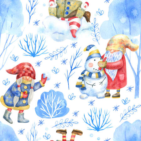 Seamless pattern with gnomes playing outdoor, snow trees, branches, bushes and snowflakes on white background. Watercolor hand painted illustration. Winter designの写真素材
